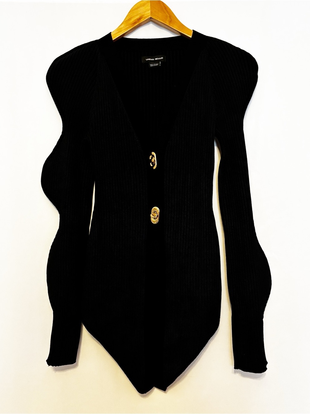 Urban Revivo Turn Lock Wave Sleeve Cardigan Ribbed Long Sleeve Black size 2 - Picture 2 of 7